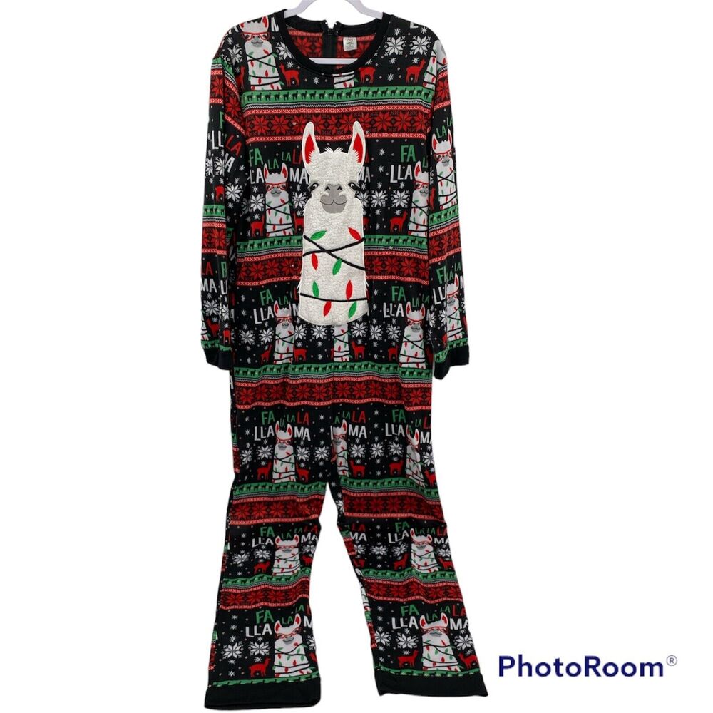 Dec 25 Christmas Llama Jumpsuit Black Red Mens Round Neck Long Sleeve Medium